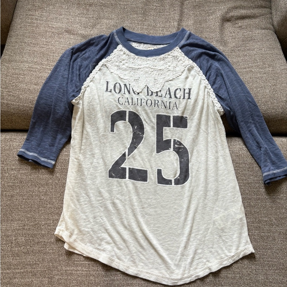 We The Free Blue and White Long Sleeve Raglan Tee